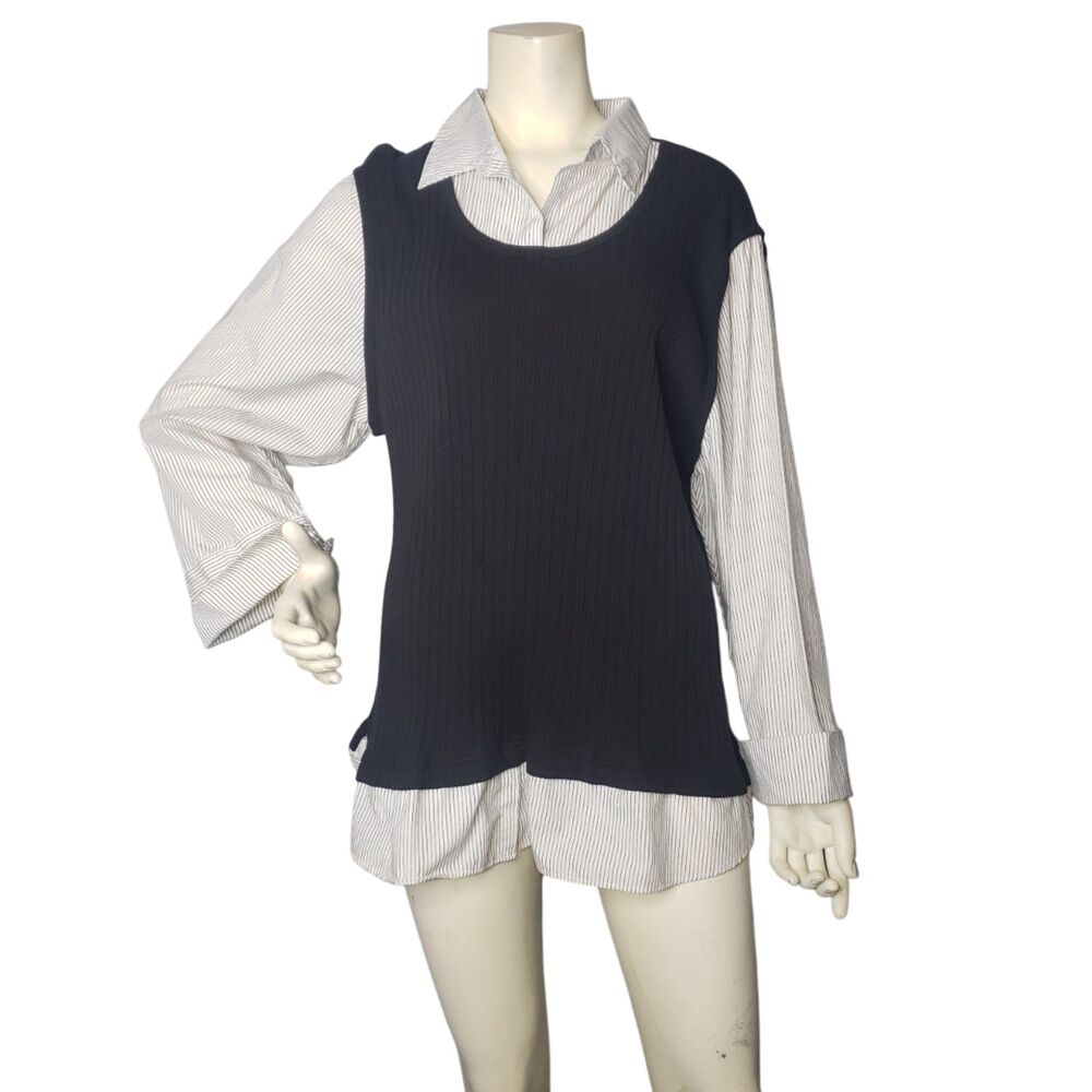 Vintage 90's White Tunic Length Shirt with Black Sweater Overlay Womens Size L